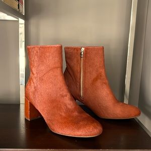 Russet brown cowhide booties. Taryn Rose. Gold side zip. Size 10 US.